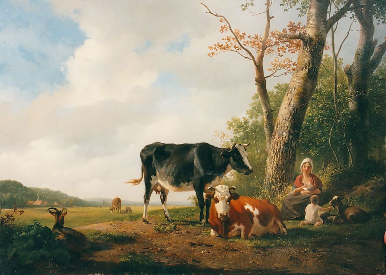 Sande Bakhuyzen H. van de | Hendrikus van de Sande Bakhuyzen, A summer landscape with a cowherdess and cattle, Öl auf Holz 47,7 x 60,7 cm, signed l.l. und dated 1829