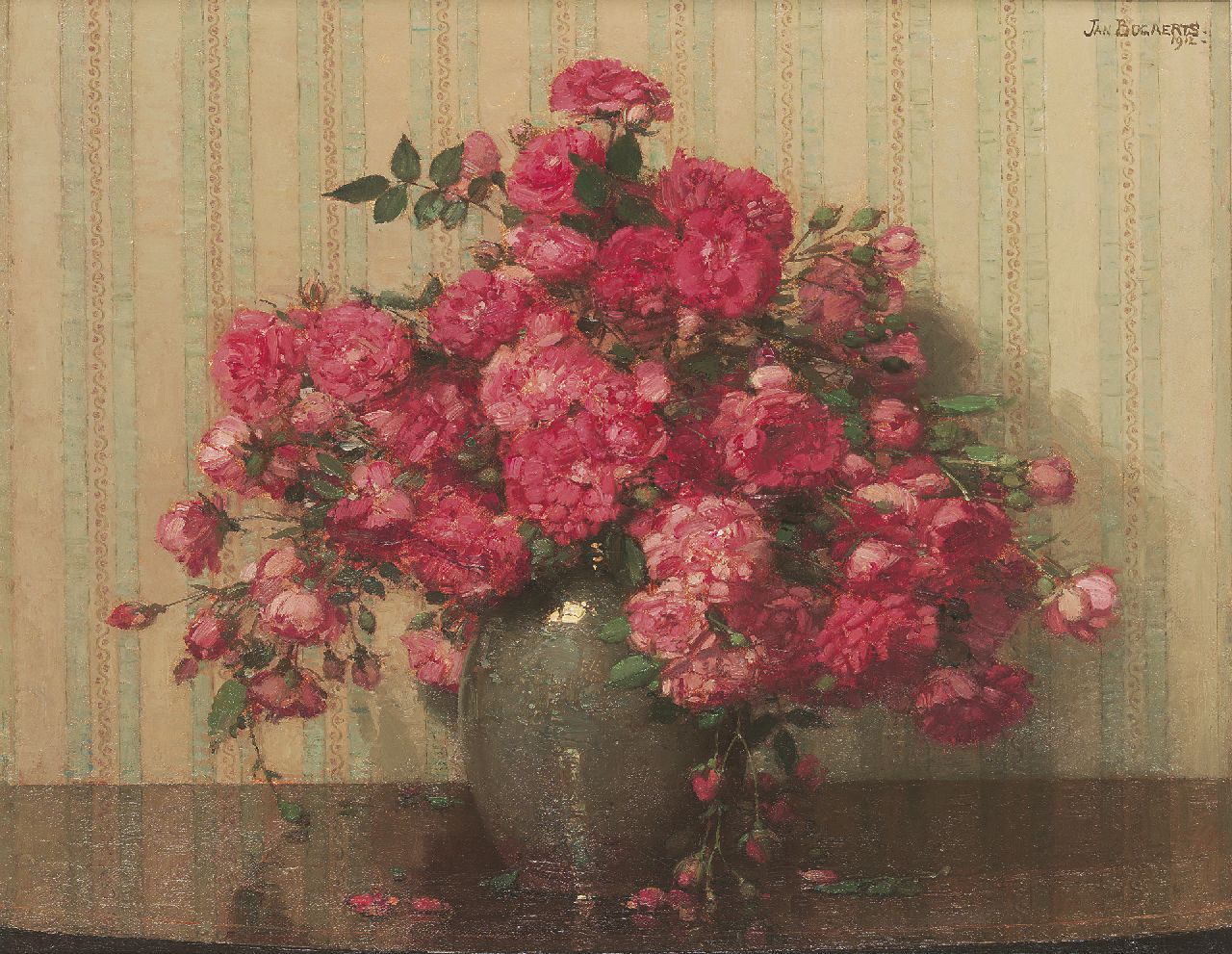 Bogaerts J.J.M.  | Johannes Jacobus Maria 'Jan' Bogaerts, Pink roses in a vase, Öl auf Leinwand 40,5 x 50,4 cm, signed u.r. und dated 1912