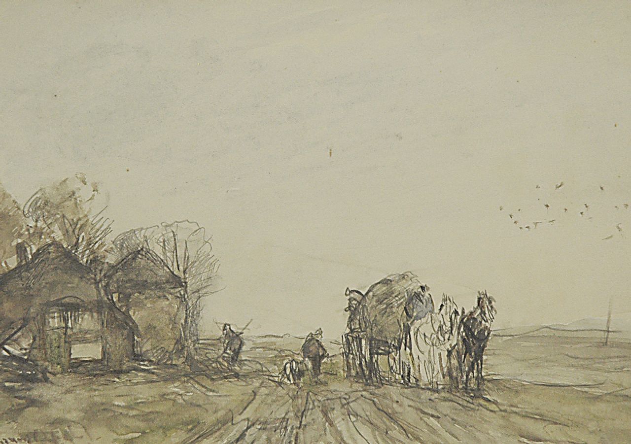 Apol L.F.H.  | Lodewijk Franciscus Hendrik 'Louis' Apol, Loading the hay cart, Bleistift und Aquarell auf Papier 16,5 x 23,3 cm, signed l.l.