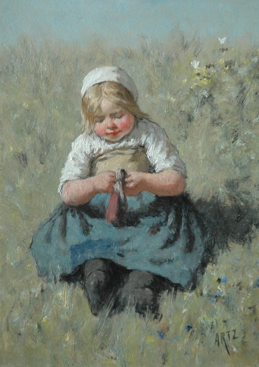 Artz D.A.C.  | David Adolphe Constant Artz, A girl playing with a doll, Öl auf Holz 22,6 x 16,3 cm, signed l.r.