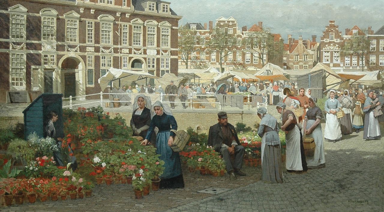 Klinkenberg J.C.K.  | Johannes Christiaan Karel Klinkenberg, A view of the Grote Markt in The Hague with two women in 'Zuid-Holland' costume, Öl auf Leinwand 82,1 x 144,0 cm, Unterzeichnet l.u.