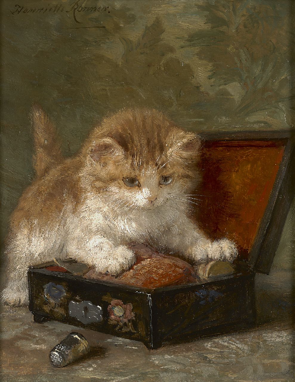 Ronner-Knip H.  | Henriette Ronner-Knip, The sewing box, Öl auf Holz 24,0 x 18,9 cm, signed u.l.