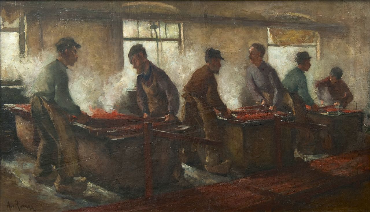 Rappard A.G.A. van | 'Anthon' Gerhard Alexander van Rappard, Workmen at a textile dye bath, Öl auf Leinwand 69,6 x 119,6 cm, signed l.l. und dated '91