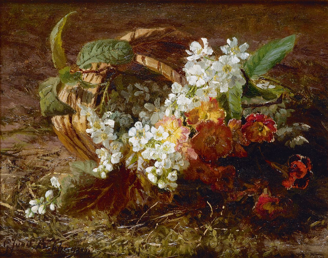 Sande Bakhuyzen G.J. van de | 'Gerardine' Jacoba van de Sande Bakhuyzen | Gemälde zum Verkauf angeboten | Stilleben mit Kirschblüte und Primel, Öl auf Holz 20,8 x 26,1 cm, Unterzeichnet l.u.