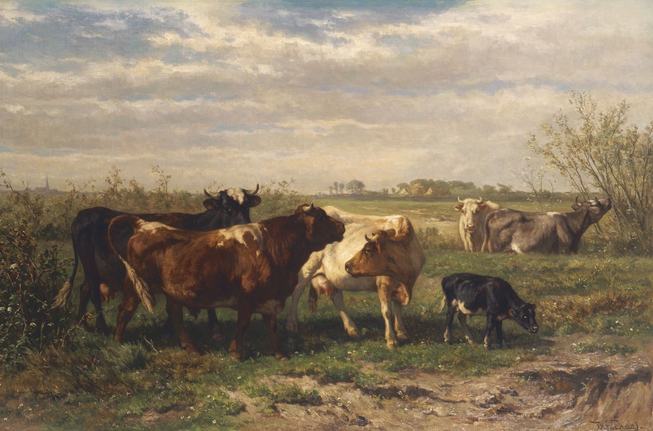 Haas J.H.L. de | Johannes Hubertus Leonardus de Haas, Cattle in a meadow, Öl auf Leinwand 80,2 x 125,5 cm, signed l.r.