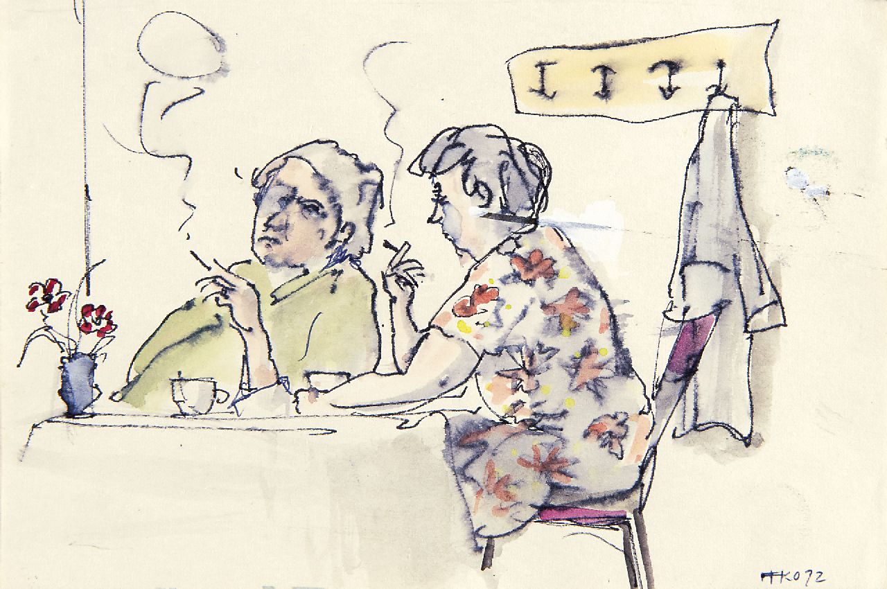 Kamerlingh Onnes H.H.  | 'Harm' Henrick Kamerlingh Onnes, Drinking coffee with a sigaret, Feder, Tinte und Aquarell auf Papier 11,5 x 16,8 cm, signed l.r. with monogram und painted '72