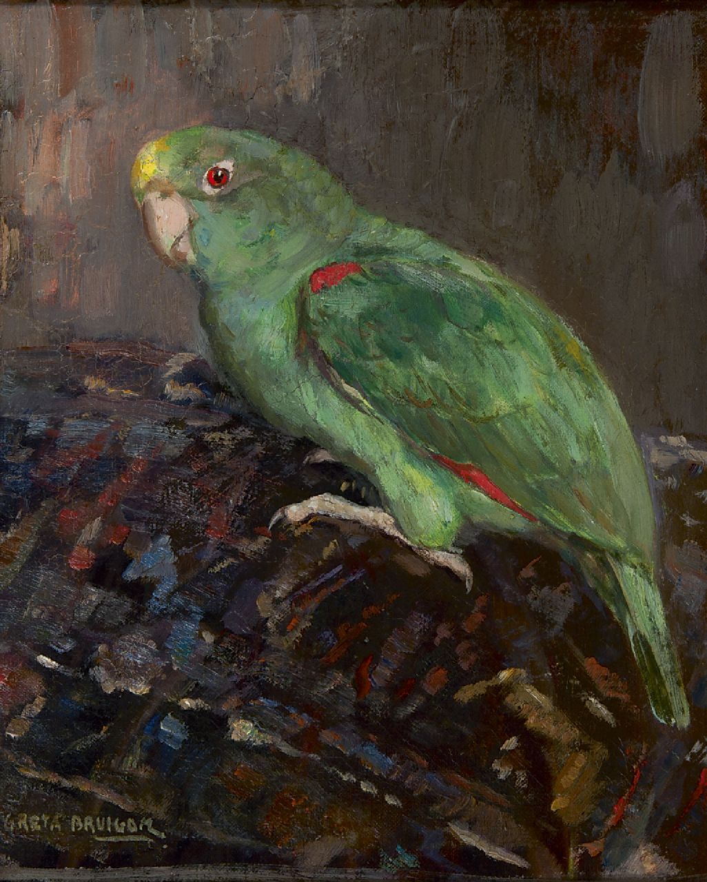 Bruigom M.C.  | Margaretha Cornelia 'Greta' Bruigom, Grüner Papagei, Öl auf Leinwand 33,0 x 27,5 cm, Unterzeichnet l.u.