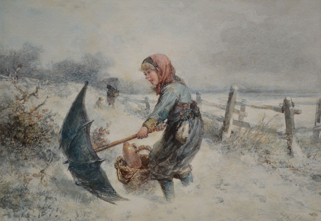 Kate J.M.H. ten | Johan 'Mari' Henri ten Kate, Junges Mädchen mit Regenschirm im Schnee, Schwarze Kreide und Aquarell auf Papier 25,1 x 35,6 cm, Unterzeichnet l.u.