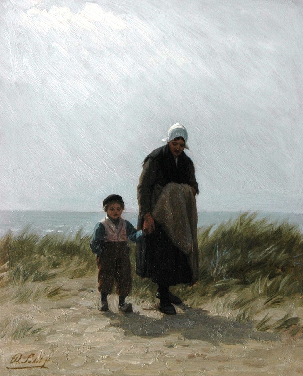 Sadée P.L.J.F.  | Philip Lodewijk Jacob Frederik Sadée, Mother with child in the dunes, Scheveningen, Öl auf Holz 26,1 x 20,9 cm, signed l.l.