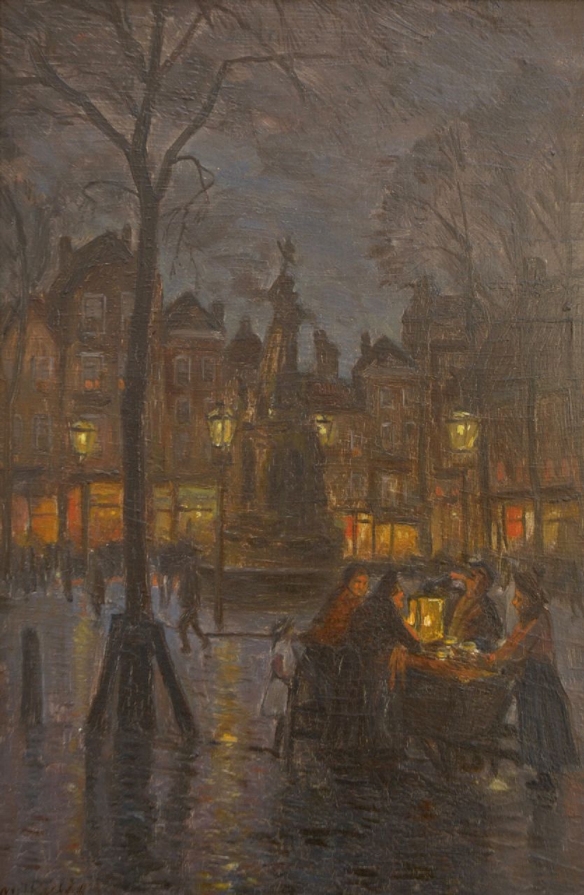 Richters M.J.  | 'Marius' Johannes Richters, Der Muschelmann auf dem Nieuwe Markt in Rotterdam, am Abend, Öl auf Holz 32,5 x 21,4 cm, Unterzeichnet l.u. und zu datieren um 1910-1915