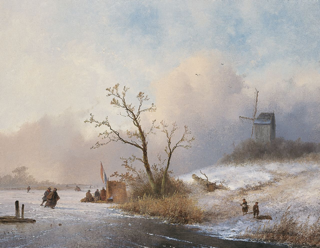Hoppenbrouwers J.F.  | Johannes Franciscus Hoppenbrouwers, A winter landscape with skaters and a 'koek-en-zopie', Öl auf Leinwand 54,0 x 70,0 cm, signed l.l.