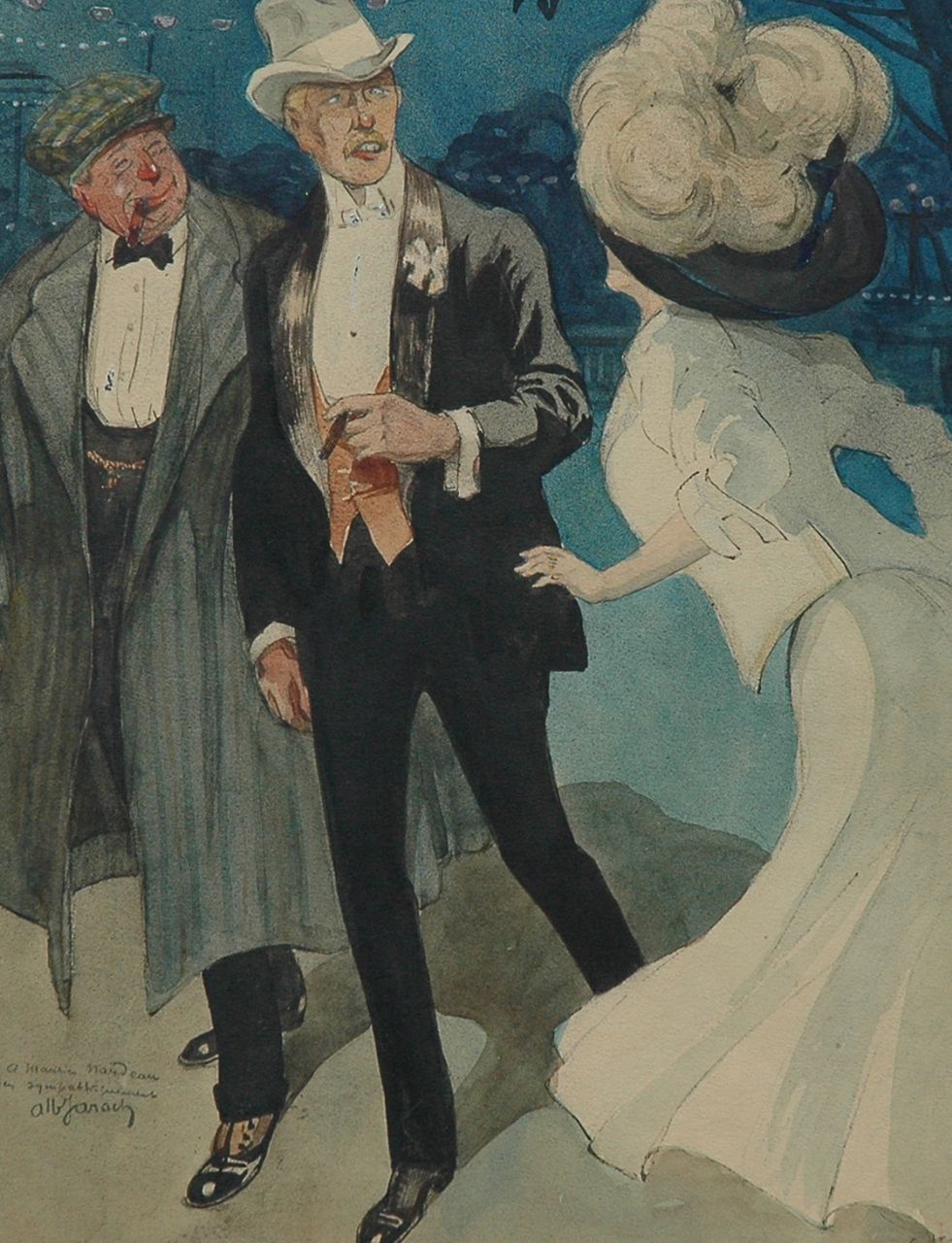 Jarach A.  | Albert Jarach, A lady and two gentlemen in Paris, Schwarze Kreide und Aquarell auf Papier 50,0 x 32,8 cm, signed l.l.