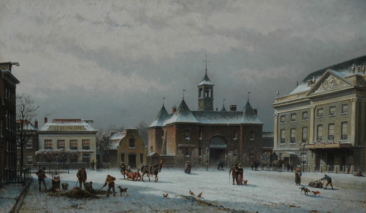 Hilverdink E.A.  | Eduard Alexander Hilverdink, The Leidseplein in Amsterdam with the Leidsepoort and the old city theatre, Öl auf Leinwand 45,6 x 77,1 cm, signed l.l und executed ca. 1860