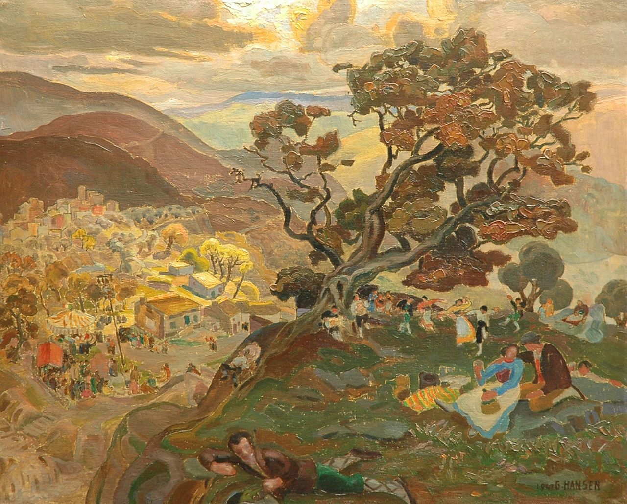 Hansen G.  | Gilbert Hansen, A village party, Öl auf Leinwand  auf Holzfaser 44,1 x 55,0 cm, signed l.r. und painted 1947