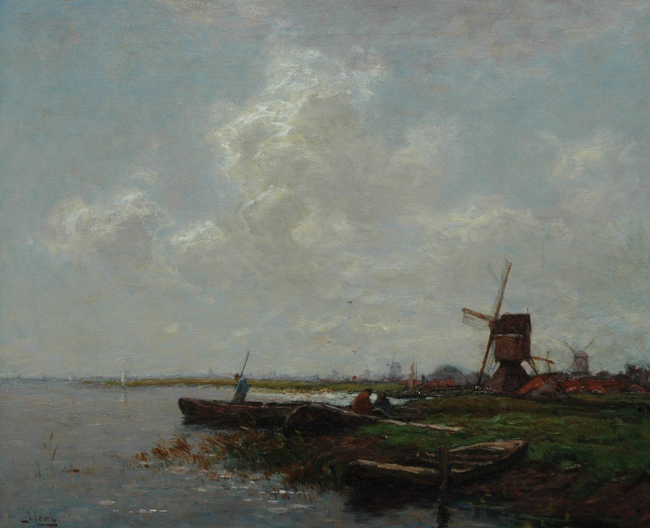 Leurs J.K.   | Johannes Karel Leurs, Polder landscape with boats and a windmill, Öl auf Leinwand 65,6 x 80,4 cm, signed l.l.
