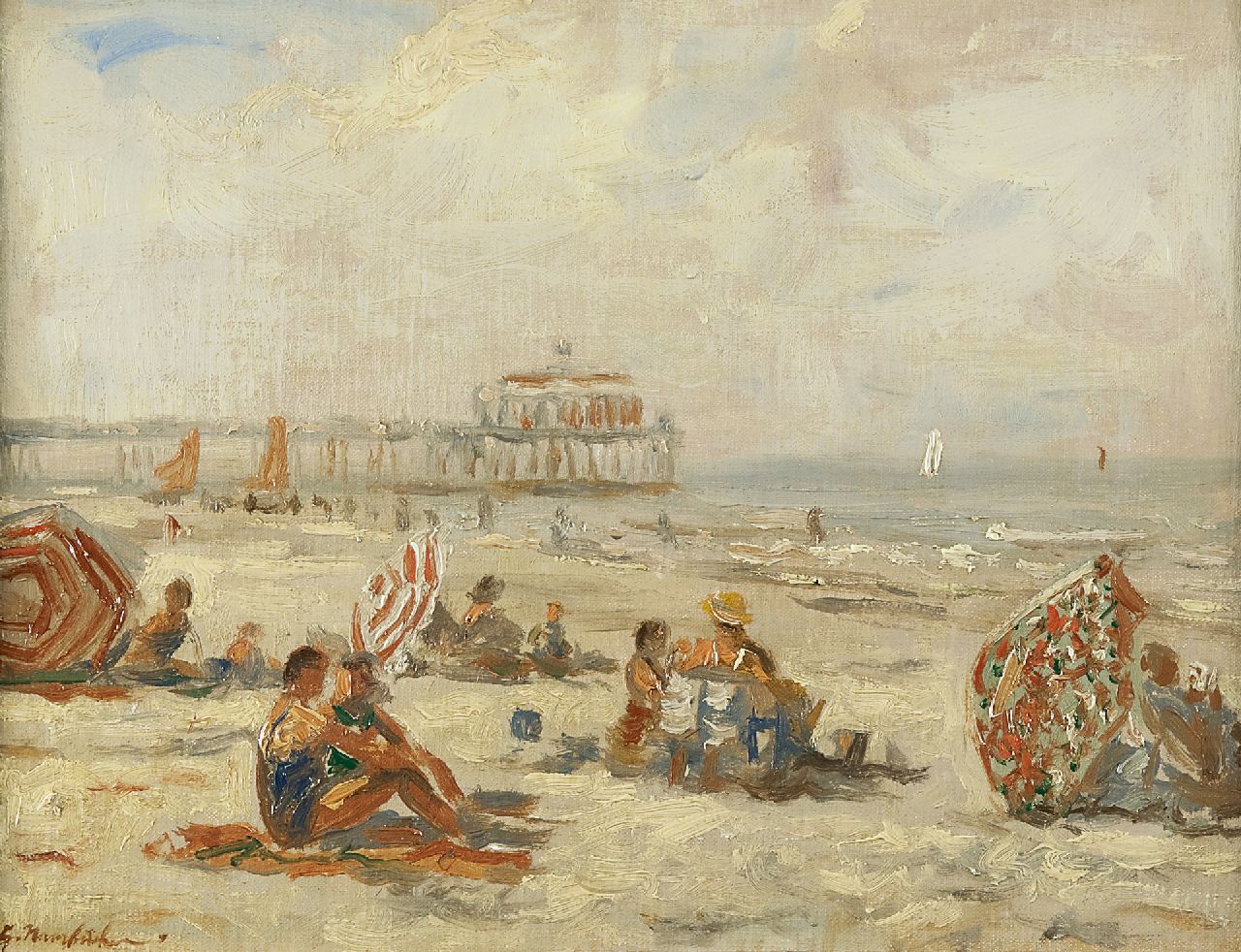 Hambüchen G.  | Georg Hambüchen, Summer on the beach in Scheveningen, Öl auf Leinwand auf Holz 30,0 x 39,0 cm, signed l.l.