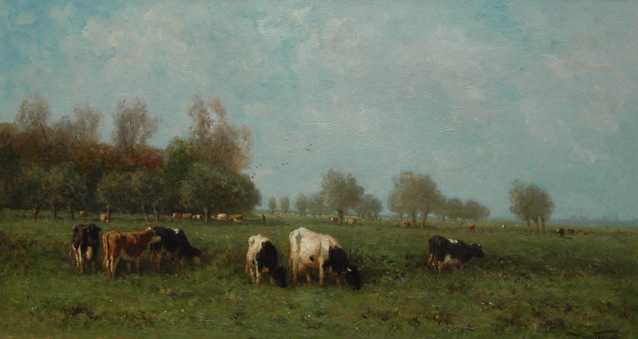 Vrolijk J.M.  | Johannes Martinus 'Jan' Vrolijk, Cows in a meadow, Öl auf Leinwand 54,3 x 100,2 cm, signed l.r.