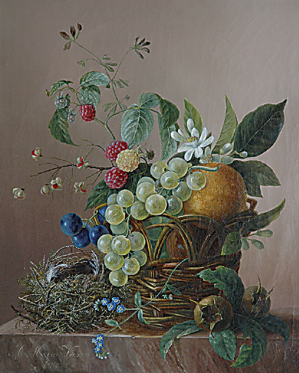 Veeren A.M. van | Anna Maria van Veeren, Stillife with fruit basket and a bird's nest, Öl auf Leinwand 37,7 x 31,2 cm, signed l.l. und dated 1840