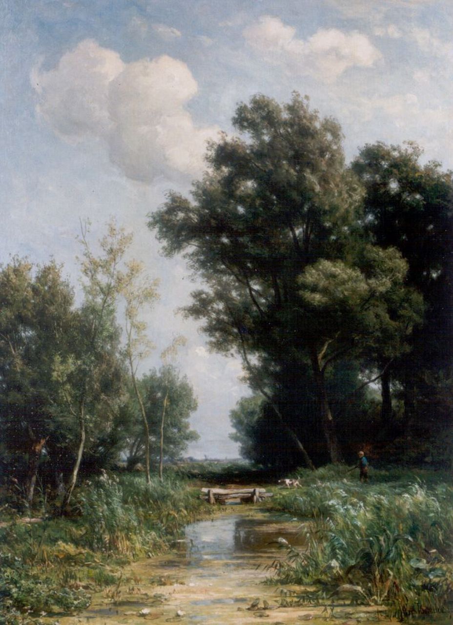 Borselen J.W. van | Jan Willem van Borselen, A polder landscape with a hunter and dog, Öl auf Leinwand 101,0 x 74,0 cm, signed l.r.