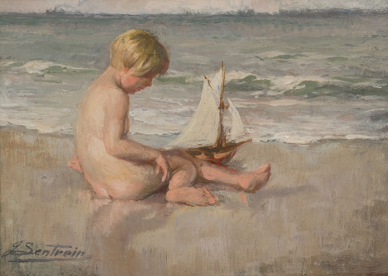 Jules Lentrein | Spielendes Mädchen auf dem Strand, Öl auf Holz, 25,0 x 35,0 cm, Unterzeichnet l.u.