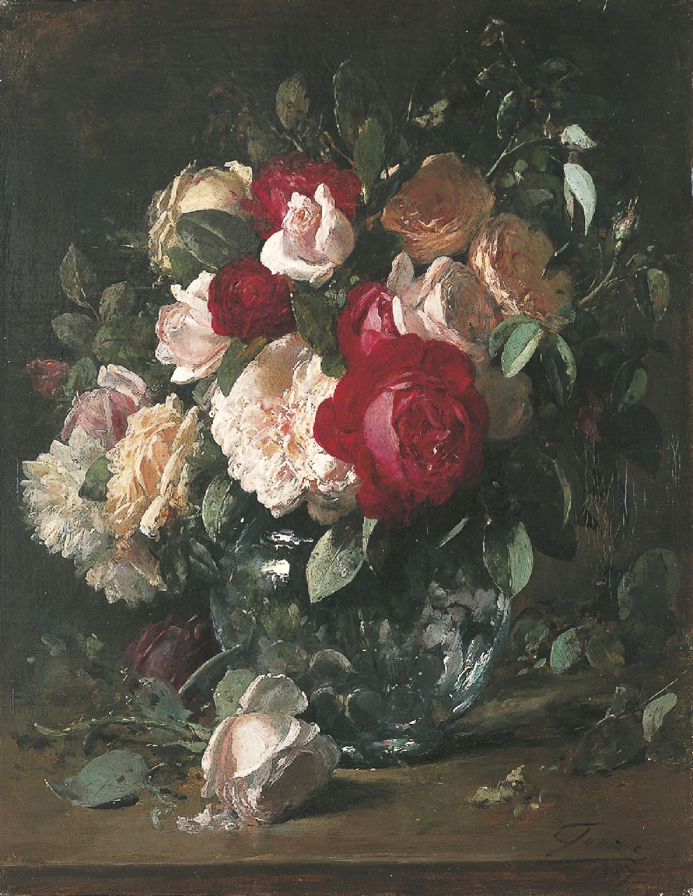 Joors E.  | Eugeen Joors | Gemälde zum Verkauf angeboten | Rosen in einer Glasschale, Öl auf Leinwand 45,5 x 35,6 cm, Unterzeichnet r.u. und datiert 1887