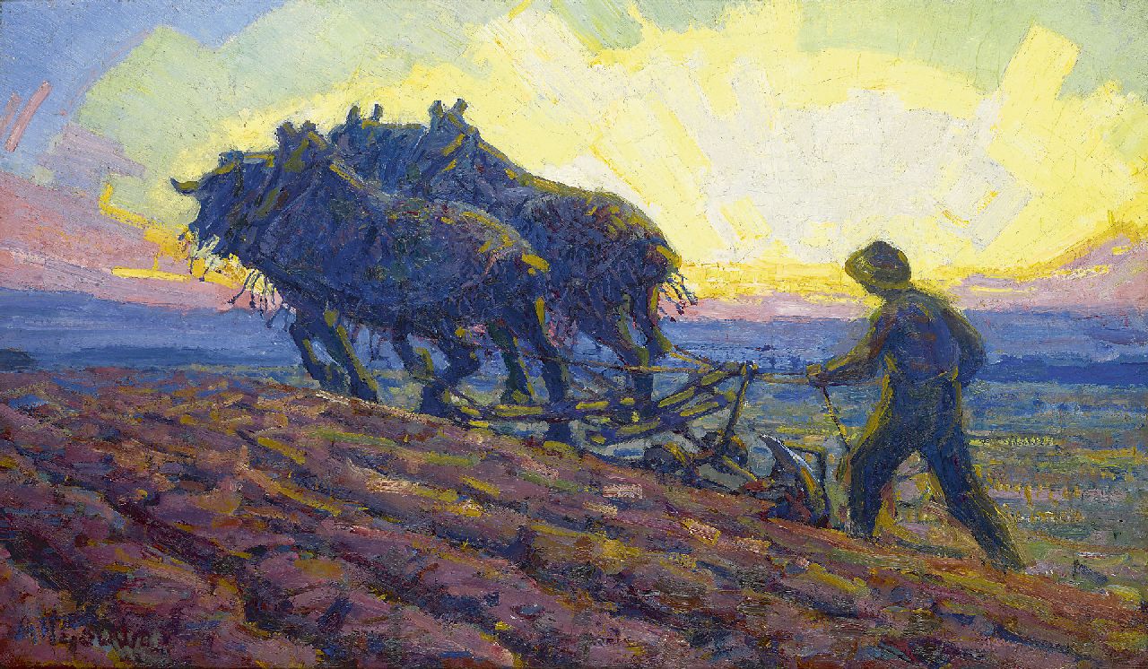 Gouwe A.H.  | Adriaan Herman Gouwe, Pflugende Pferde bei Sonnenaaufgang, Öl auf Leinwand 48,8 x 82,0 cm, Unterzeichnet l.u. und zu datieren um 1916-1918