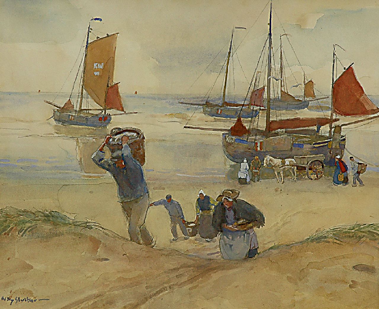Sluiter J.W.  | Jan Willem 'Willy' Sluiter, After the fish auction on the beach of Katwijk, Aquarell und Gouache auf Papier 62,0 x 74,1 cm, signed l.l.