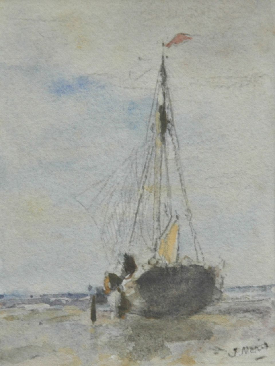 Maris J.H.  | Jacobus Hendricus 'Jacob' Maris, A menu with a watercolour of a barge on the beach, Aquarell auf Papier 11,5 x 8,5 cm, signed l.r. und dated 4 mei 1895 reverse