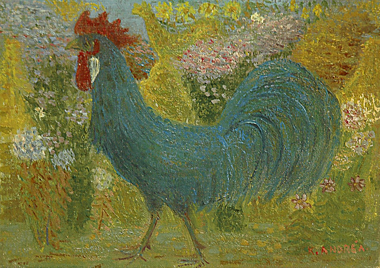 Andréa C.  | Cornelis 'Kees' Andréa, Blue rooster, Öl auf Leinwand 18,1 x 24,2 cm, signed l.r. and on the reverse und Verso datiert 1943