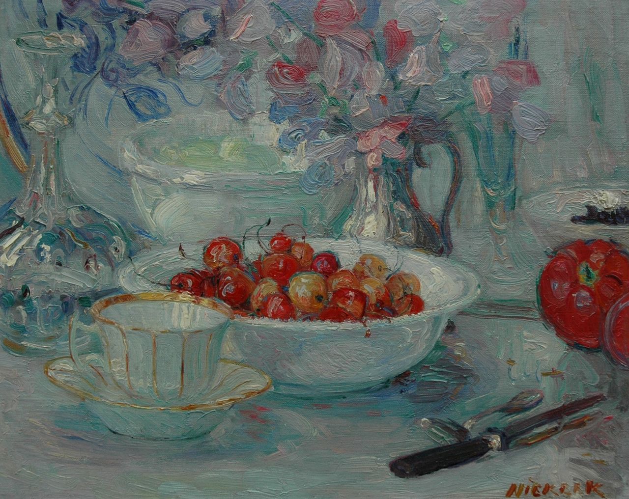 Niekerk M.J.  | 'Maurits' Joseph Niekerk, A still life with cherries, Öl auf Leinwand 35,1 x 43,4 cm, signed l.r.