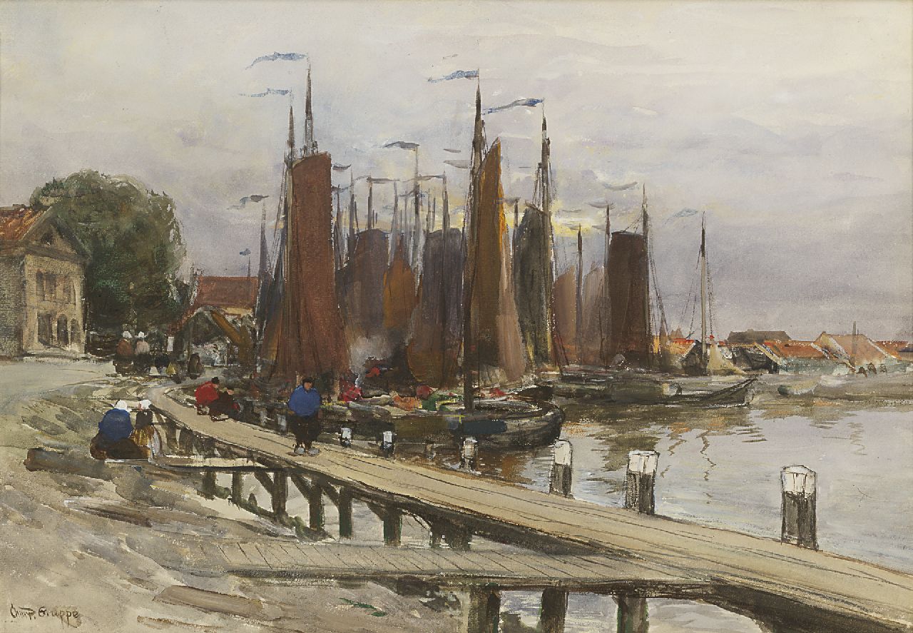 Gruppe C.P.  | Charles Paul Gruppe, The harbour of Volendam, Aquarell und Gouache auf Papier 34,3 x 49,9 cm, signed l.l.