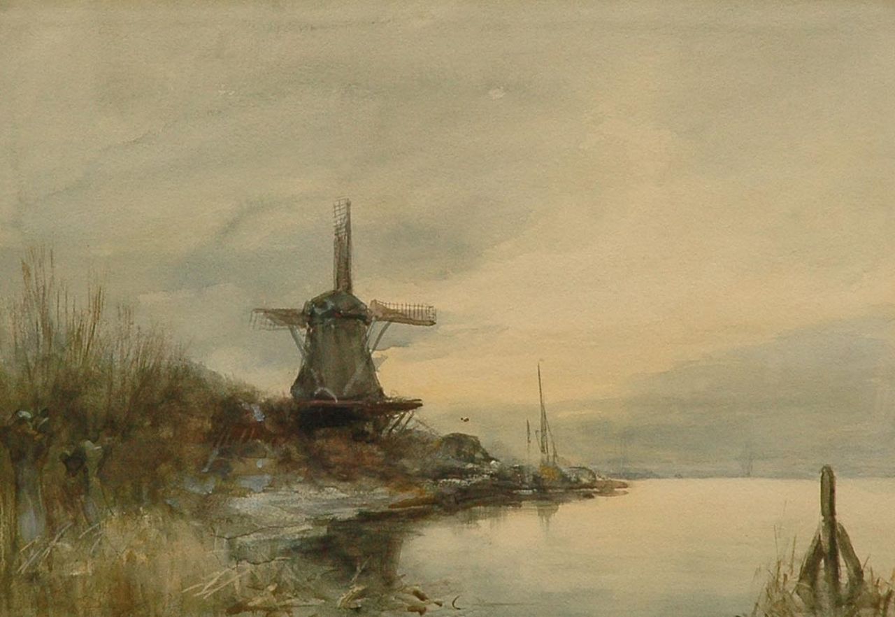 Apol L.F.H.  | Lodewijk Franciscus Hendrik 'Louis' Apol, A windmill by the water, Aquarell auf Papier 24,6 x 34,7 cm, signed l.r.