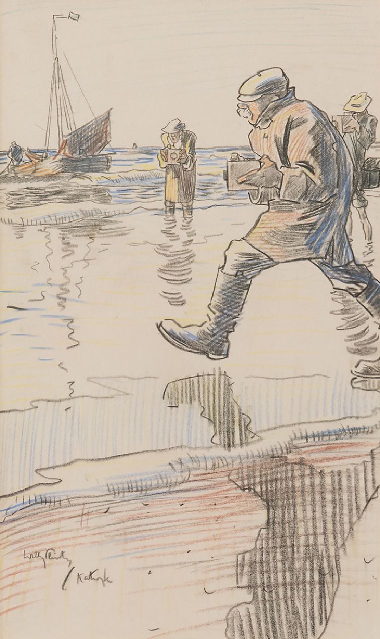 Sluiter J.W.  | Jan Willem 'Willy' Sluiter, Mit der Kamera auf dem Strand bei Katwijk, Kreide auf Papier 32,7 x 19,7 cm, Unterzeichnet l.u.