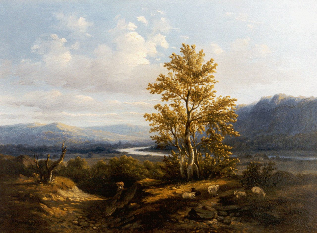 Wijngaerdt A.J. van | Anthonie Jacobus van Wijngaerdt, A Rhine landscape with grazing sheep, Öl auf Holz 19,3 x 26,3 cm, signed l.l.