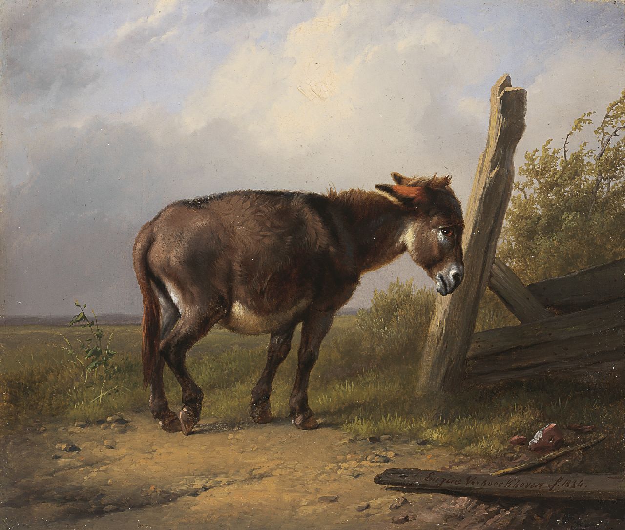 Verboeckhoven E.J.  | Eugène Joseph Verboeckhoven, A donkey at rest by a fence, Öl auf Holz 14,1 x 16,6 cm, signed l.r. und painted 1838