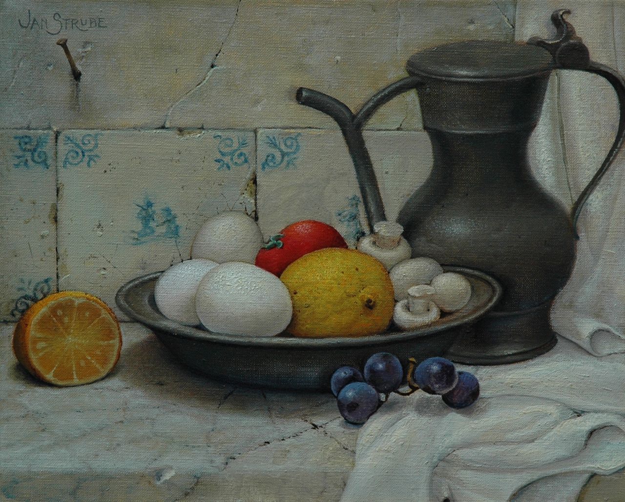 Strube J.H.  | Johan Hendrik 'Jan' Strube, A still life with fruit and a pewter jug, Öl auf Leinwand 24,2 x 30,4 cm, signed u.r.