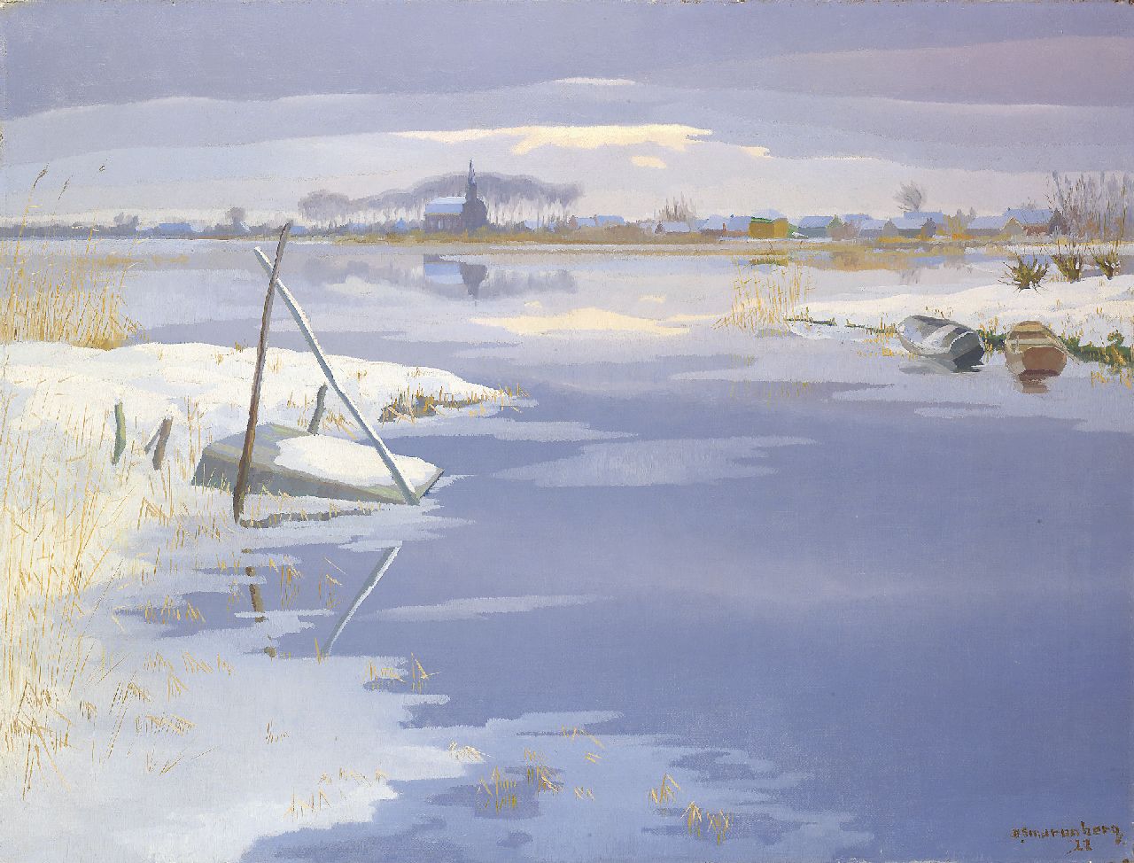 Smorenberg D.  | Dirk Smorenberg, Winterlandscape with frozen river, Öl auf Leinwand 73,0 x 95,2 cm, signed l.r. und painted '22