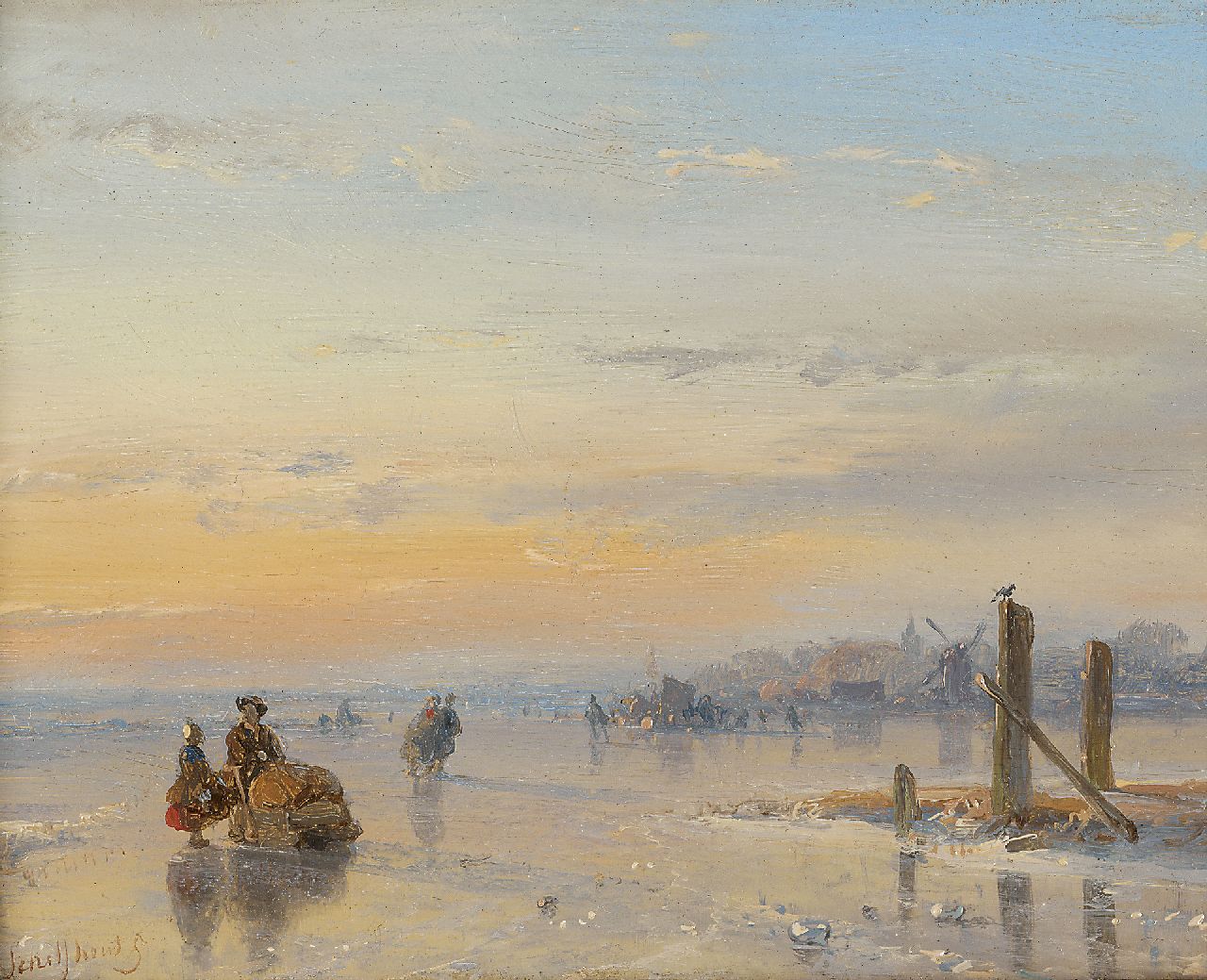 Schelfhout A.  | Andreas Schelfhout, Figures with a sledge and skater on a frozen waterway, Öl auf Holz 11,6 x 14,8 cm, signed l.l. and on the reverse