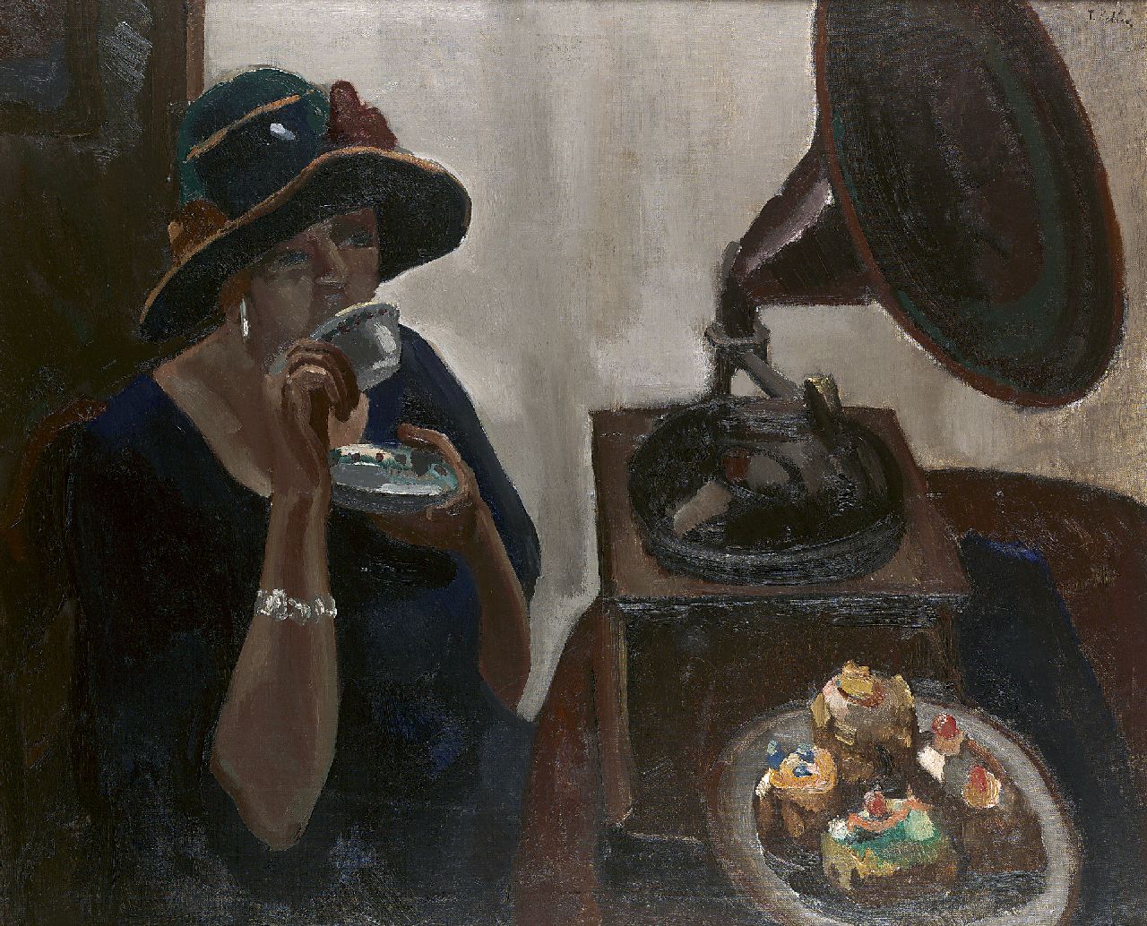 Kelder A.B.  | Antonius Bernardus 'Toon' Kelder | Gemälde zum Verkauf angeboten | Dame beim Tee trinken mit Törtchen und Grammofon, Öl auf Leinwand 90,4 x 110,4 cm, Unterzeichnet r.o.