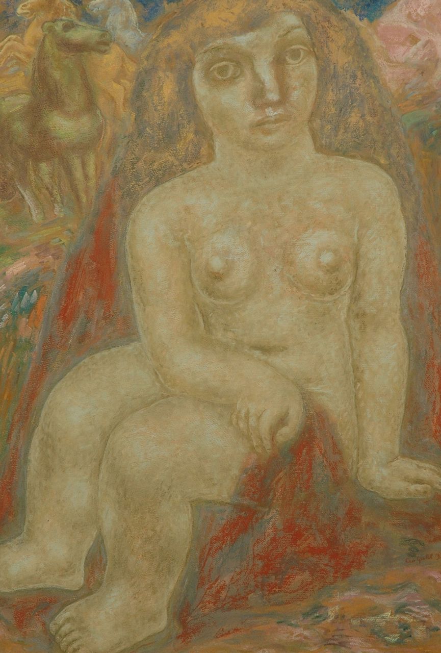 Gestel L.  | Leendert 'Leo' Gestel, Seated nude with horses, Pastell auf Papier 100,7 x 69,2 cm, signed l.r. und painted 1932