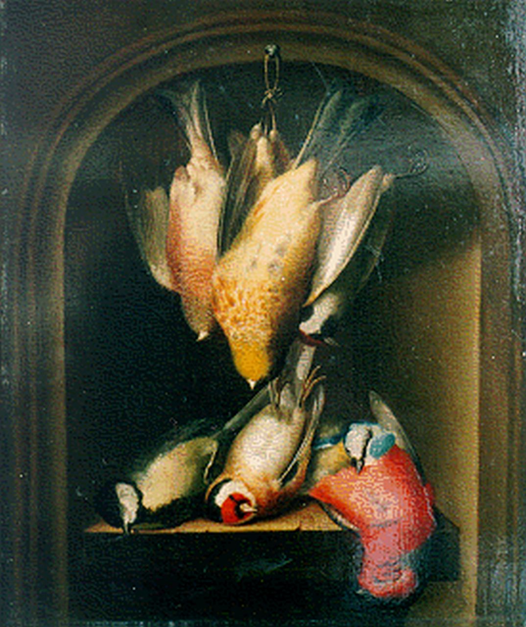 Sturmer E.  | Elise Sturmer, Still life with dead birds in a niche, Öl auf Holz 31,8 x 27,1 cm, signed l.l. und dated 1828