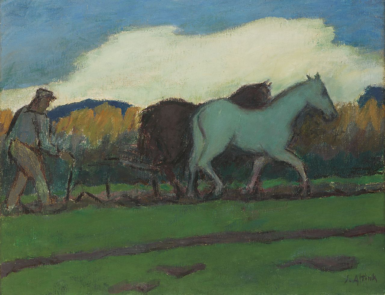Altink J.  | Jan Altink, Ploughing the fields, Wachsfarbe auf Leinwand 55,0 x 70,1 cm, Unterzeichnet r.u. und zu datieren  ca. 1924-1928
