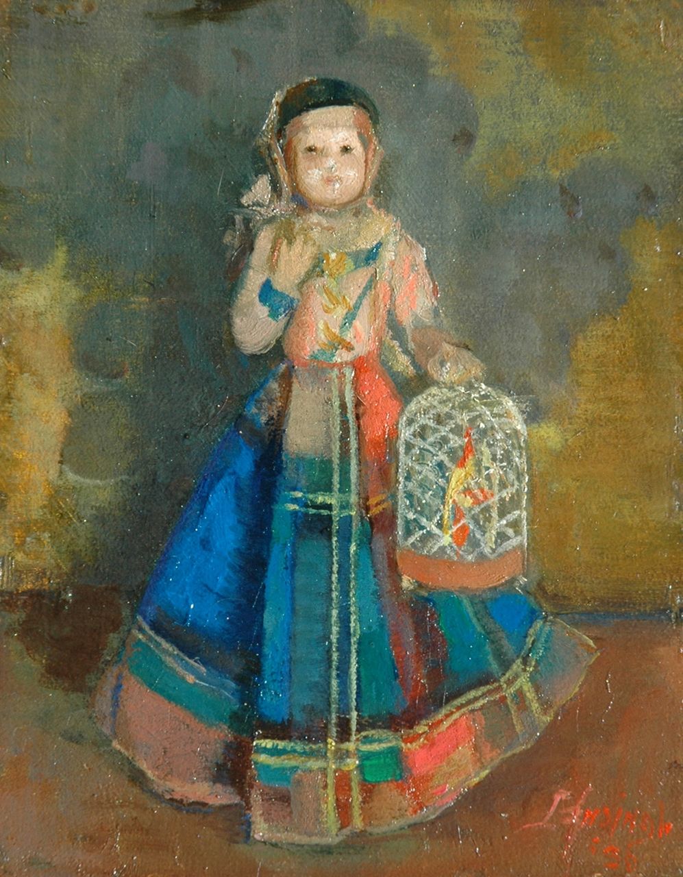 Ansingh M.E.G.  | Maria Elisabeth Georgina 'Lizzy' Ansingh, Little girl with a birdcage, Öl auf Holz 17,9 x 14,0 cm, signed l.r. und dated '36