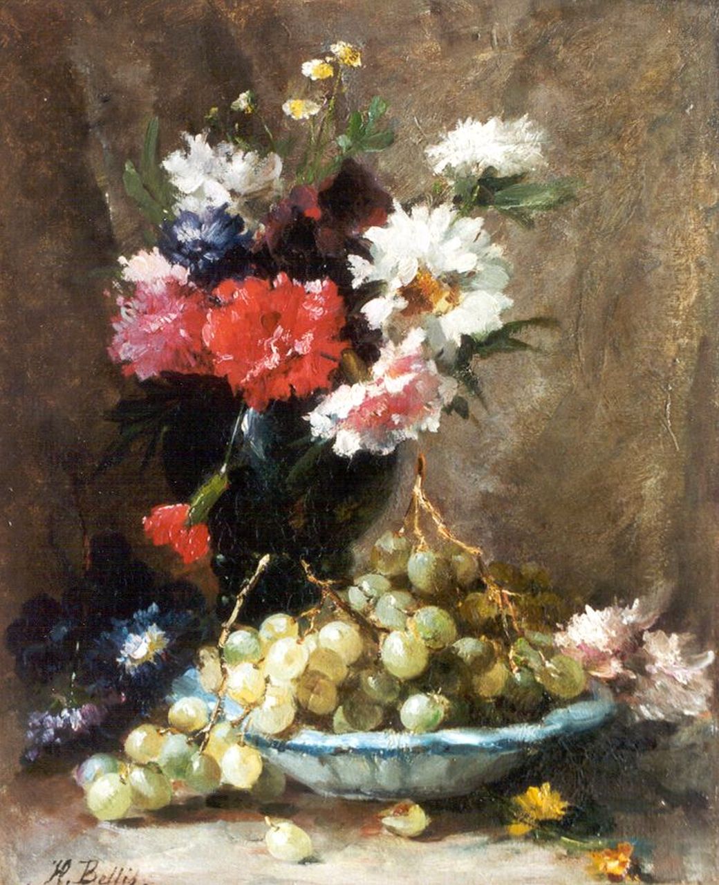 Bellis J.L.  | Josse-Lambert 'Hubert' Bellis, Still life with flowers and grapes, Öl auf Leinwand 45,0 x 35,0 cm, signed l.l.