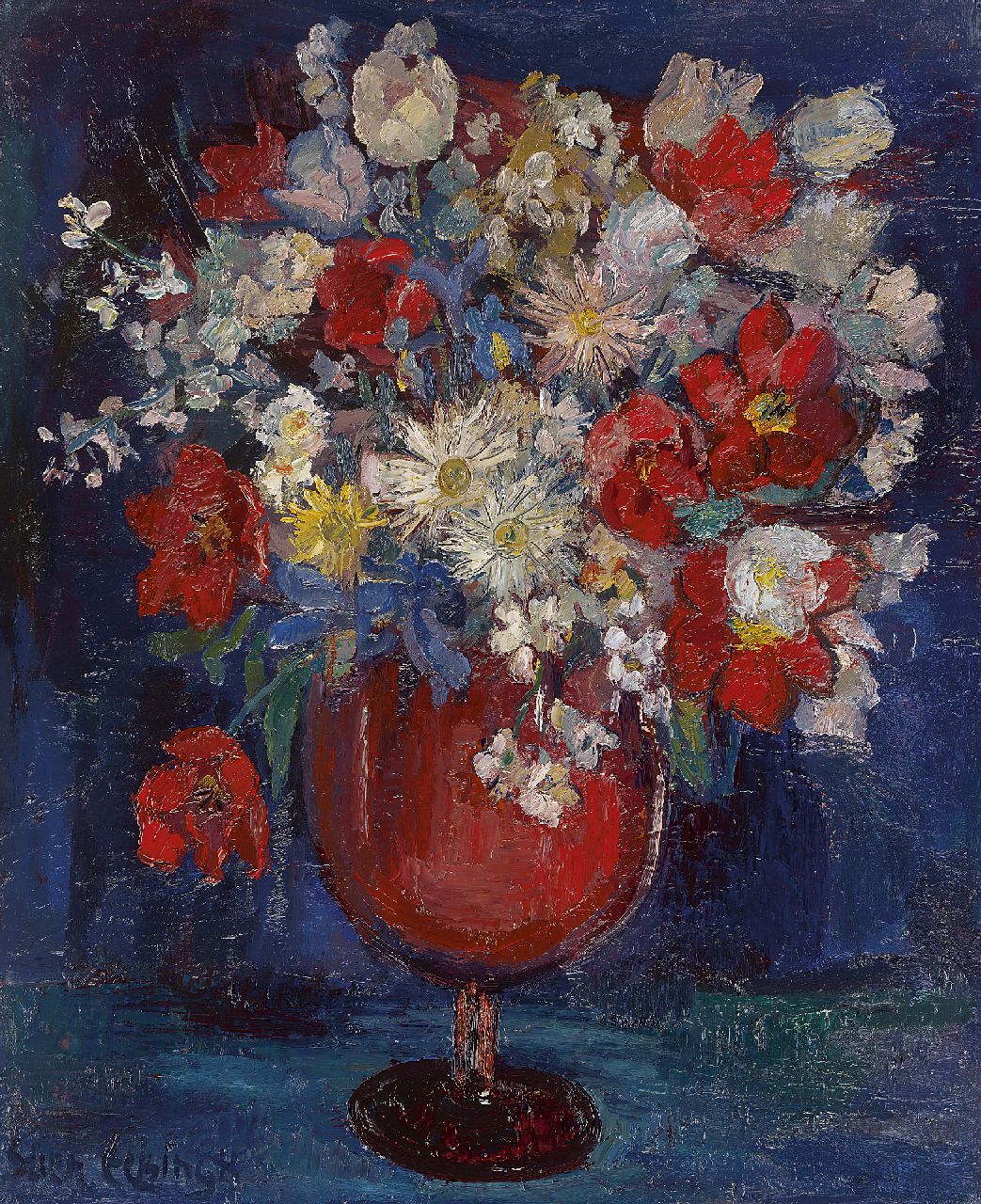 Eelsingh C.  | Christiana 'Stien' Eelsingh, Bouquet of flowers in a red vase, Öl auf Leinwand 74,7 x 61,9 cm, signed l.l. und executed ca. '50