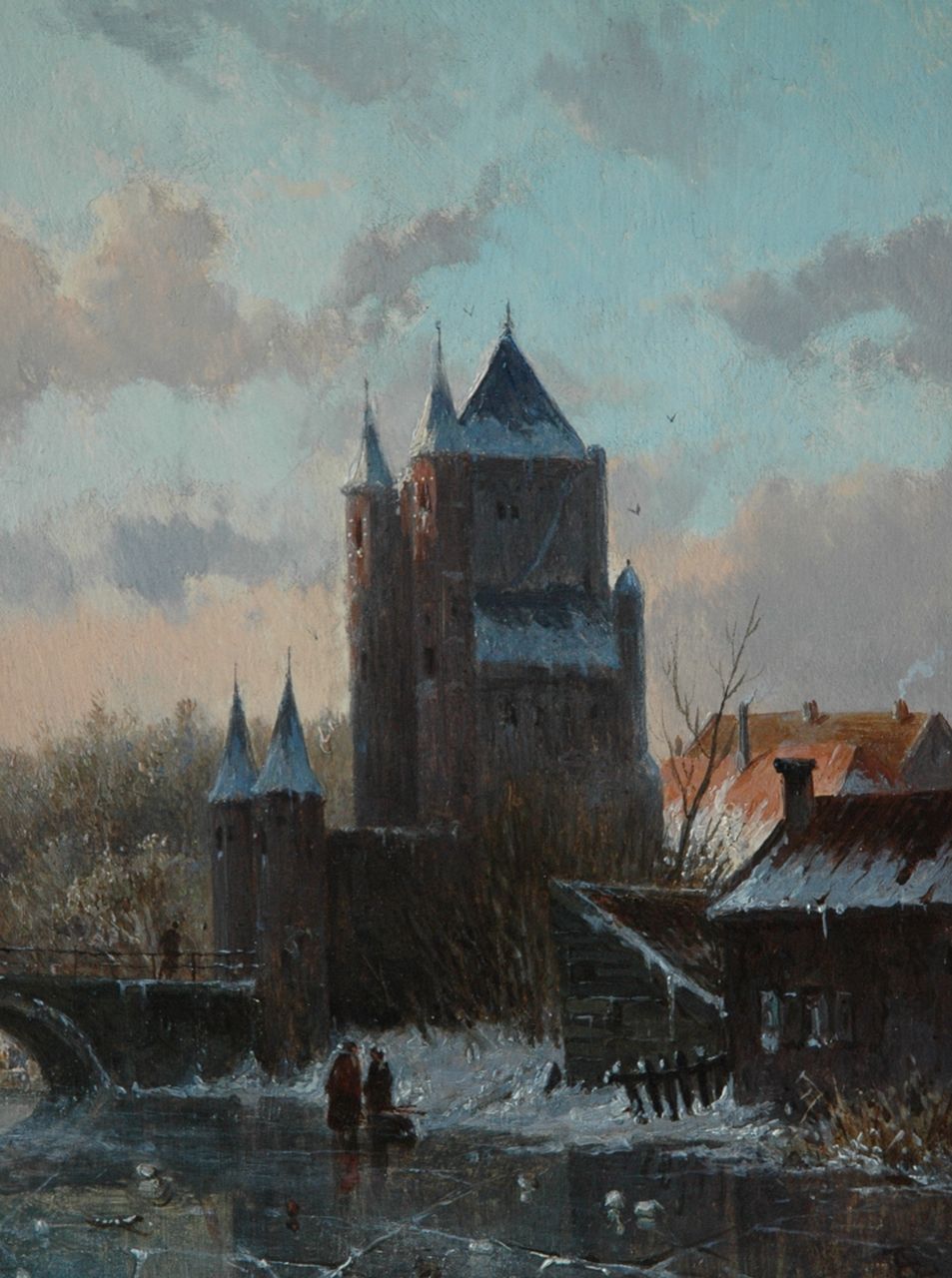 Eversen A.  | Adrianus Eversen, Blick auf das Amsterdamer Poort (Tor) im Winter, Öl auf Holz 19,1 x 14,8 cm, Unterzeichnet r.u. mit Monogramm