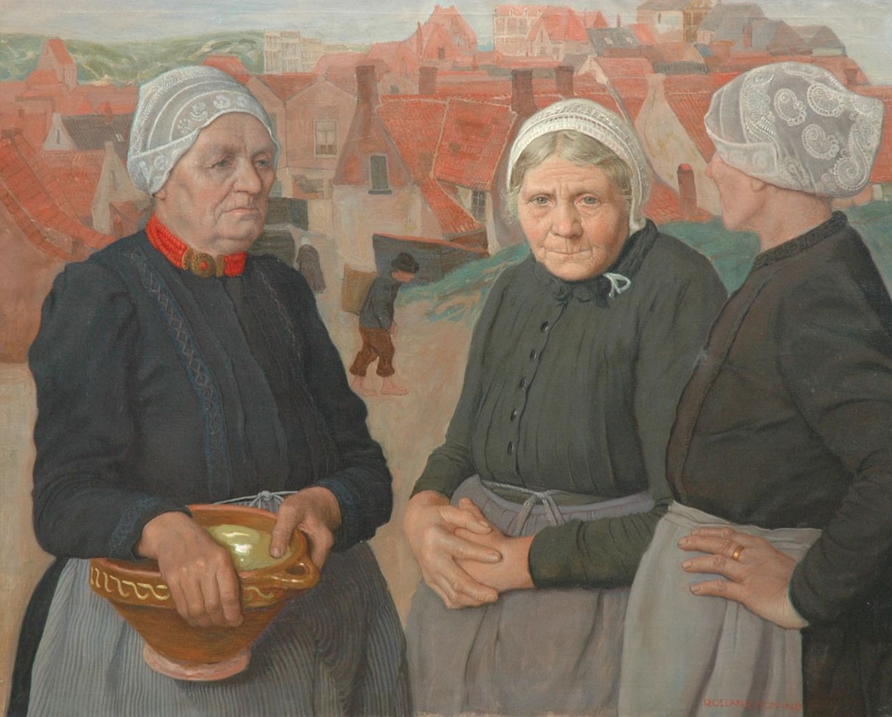 Koning R.  | Roeland Koning, Fishermen's wives from Egmond, Öl auf Leinwand 91,0 x 112,4 cm, signed l.r. und painted ca. 1924-1927