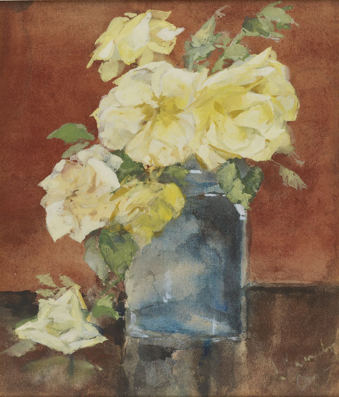 Kamerlingh Onnes M.  | Menso Kamerlingh Onnes, Glasvase mit Rosen, Bleistift und Aquarell auf Papier 25,3 x 21,1 cm, Unterzeichnet r.u. und datiert um 1885