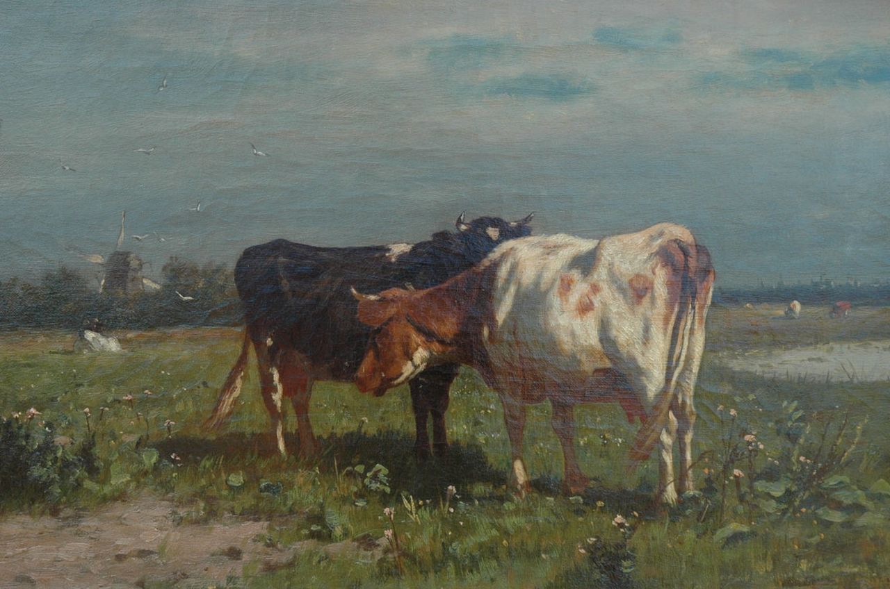 Haas J.H.L. de | Johannes Hubertus Leonardus de Haas, Two cows in a meadow, Öl auf Leinwand 30,3 x 45,6 cm