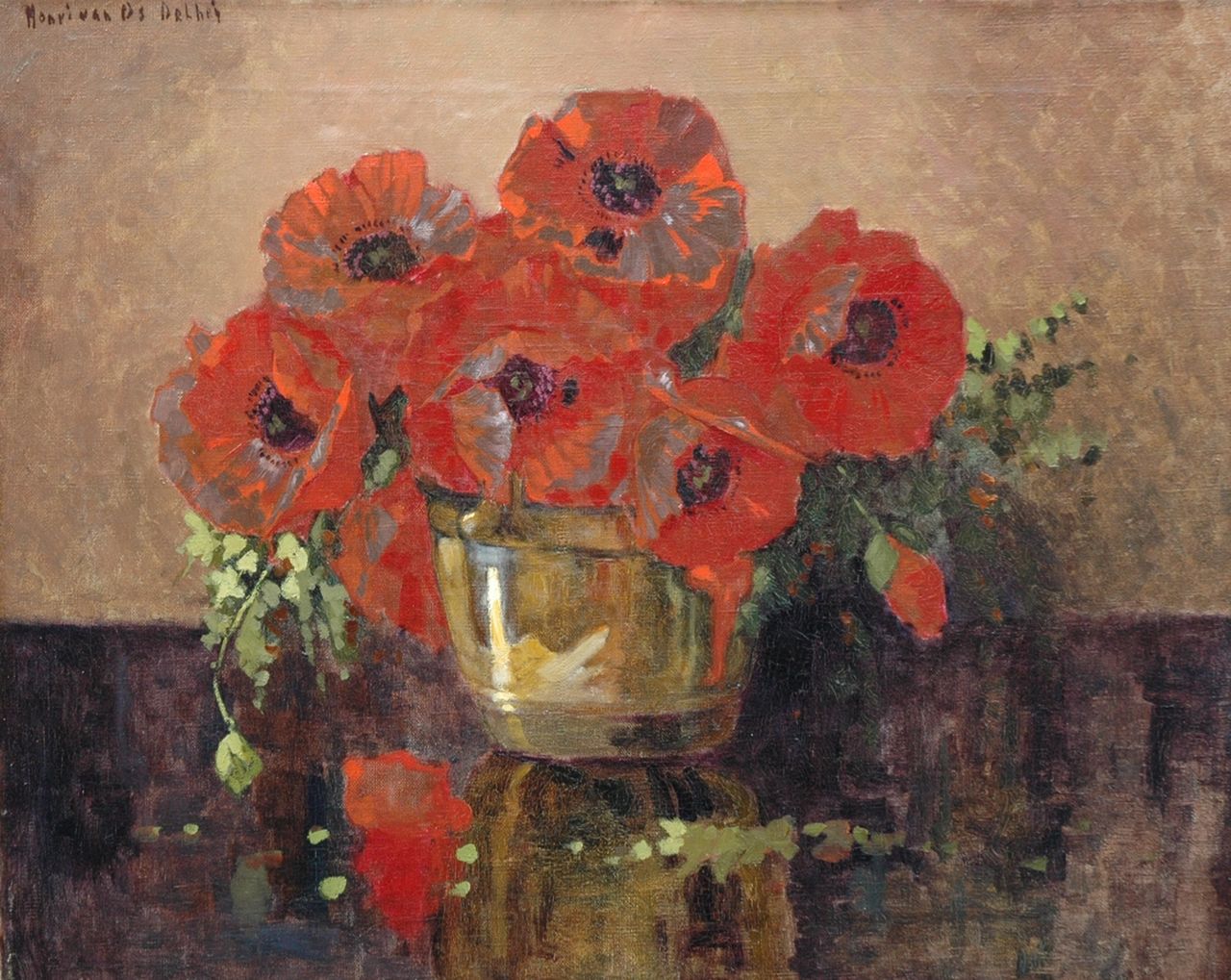Os-Delhez (Hendrik van Os) H. van | Hendrik 'Henri' van Os-Delhez (Hendrik van Os), Poppy flowers in a copper bowl, Öl auf Leinwand 40,2 x 50,3 cm, signed u.l.